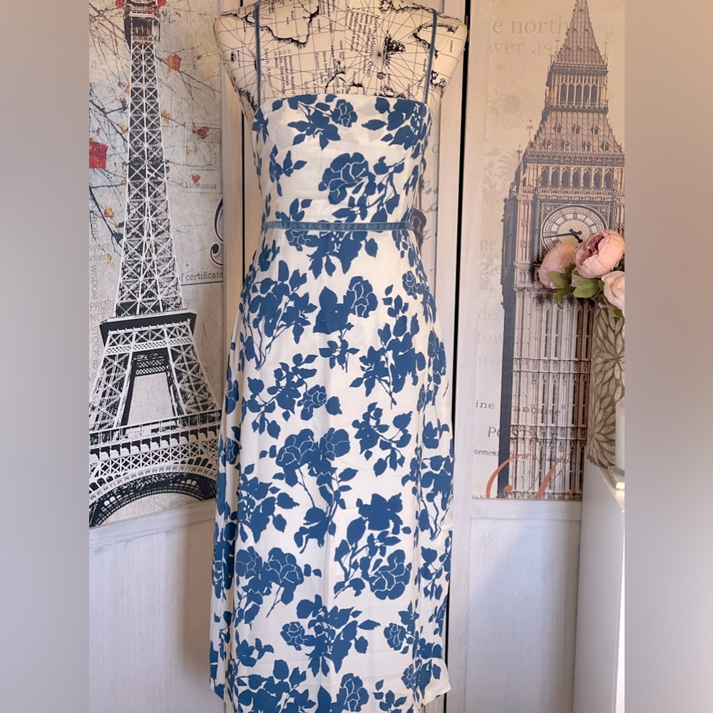 Boho Floral Blue On White Inlay With Velvet Adjustable Trim & Straps Midi Dress